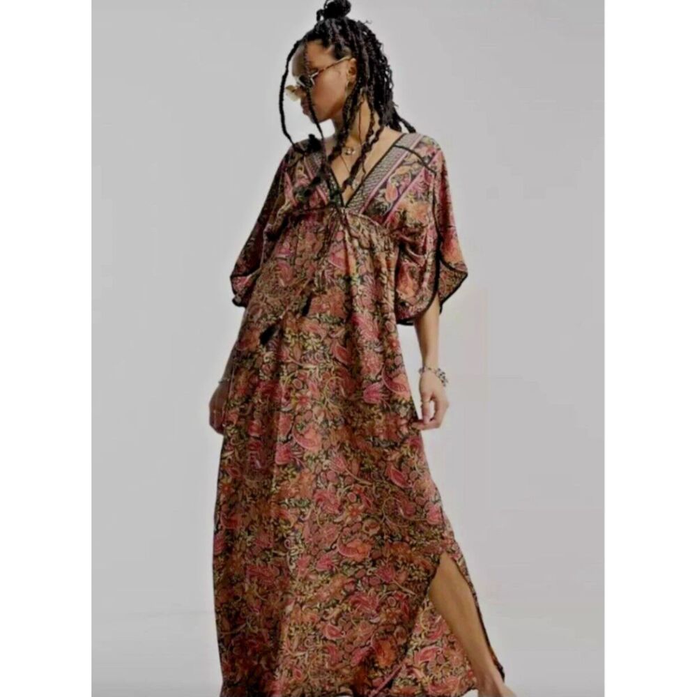 Raga (Anthropologie) Paisley Boho Maxi Dress Kimono Sleeve Deep V Neck M NWT